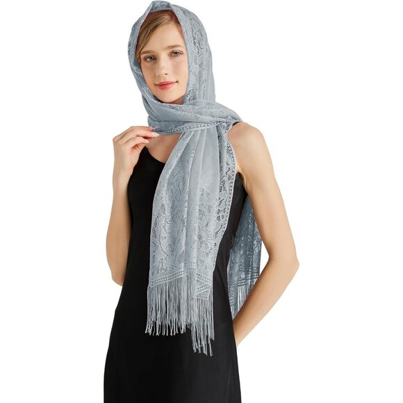 Women Gray Lace Floral Shawls and Wraps Bridal HeadScarf for Evening Dress - Picture 5 of 6